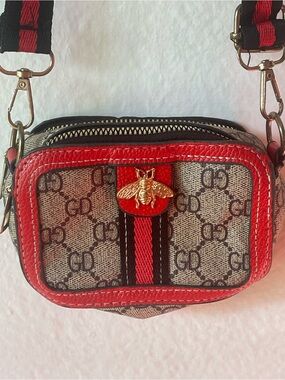Patterned Crossbody Bag with Red Trim and Gold Bee Accent